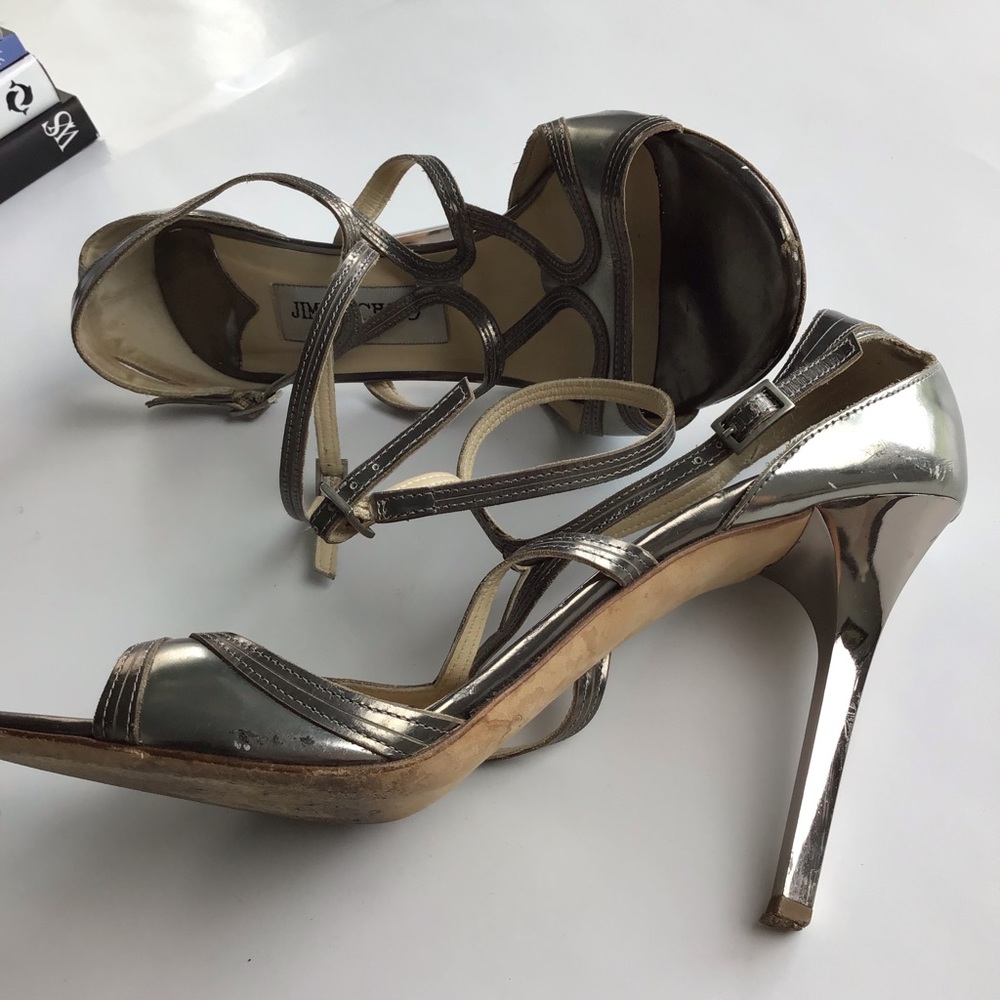 Jimmy Choo Heels 39.5 Silver Mirror Strappy Cage - Picture 11 of 12